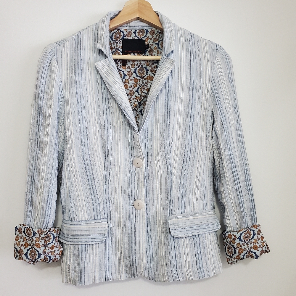 Debbie Shuchat XS Blazer Linen Light Blue Stripe Fitted Blazer Coat Flowers Boho